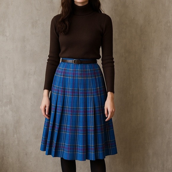 Vintage Pendleton Petite 10 Skirt Blue Plaid Wool Pleated USA Heritage Fashion - Picture 1 of 10